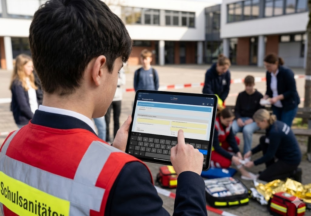 Schulsanitäter mit Tablet: strukturiertes Einsatzprotokoll in RettBase